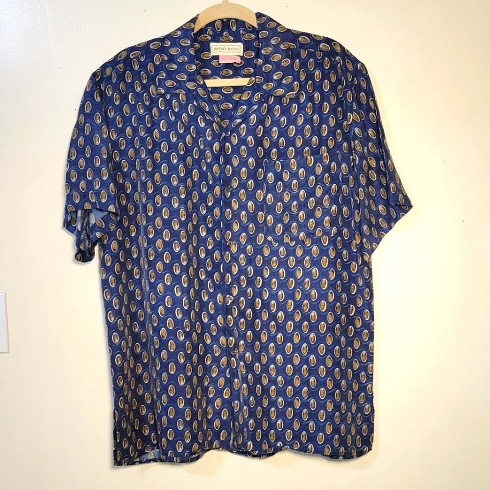 Jeffrey Banks (Men's M) 100% Silk Blue Casual Short Sleeve Button Down Shirt